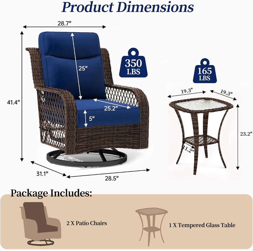 PIZZELLO 3 Pieces Outdoor Swivel Rocker Chairs with Rattan Side Table