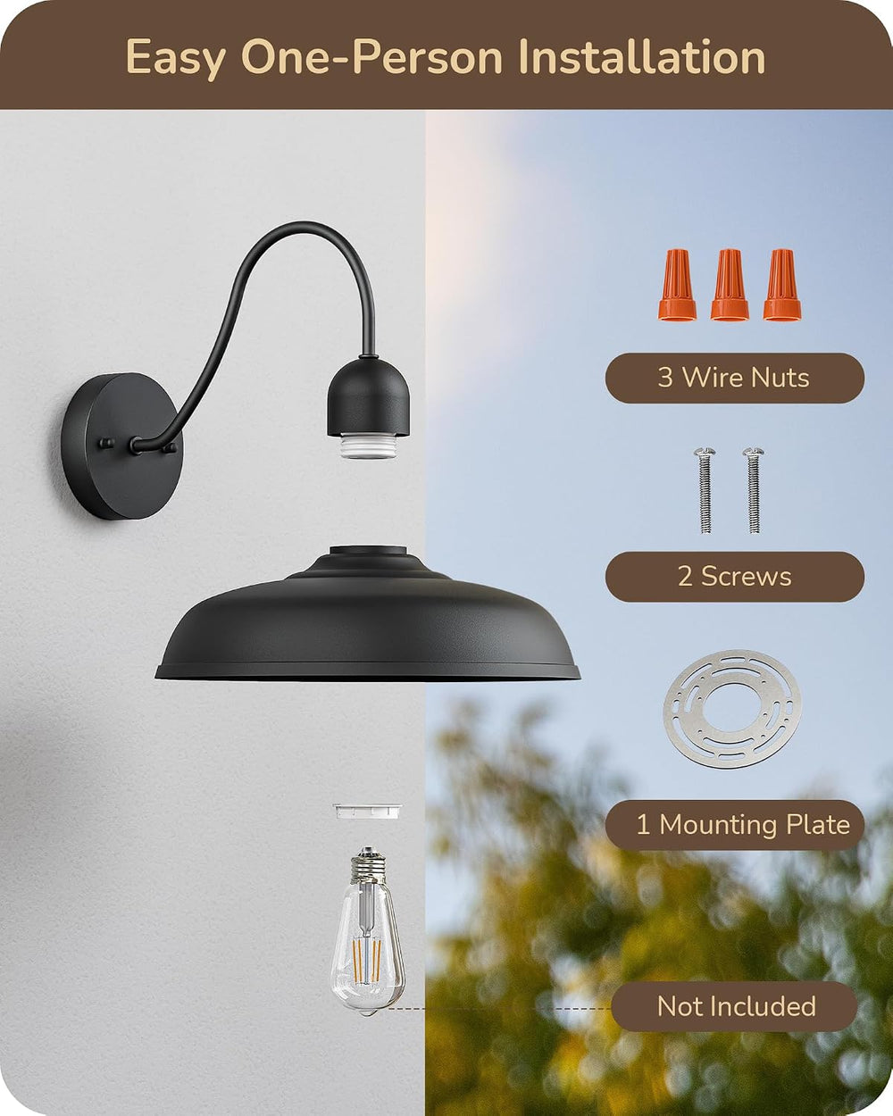 EDISHINE 2 Pack Outdoor Wall Light, 12" Farmhouse Gooseneck Barn Light