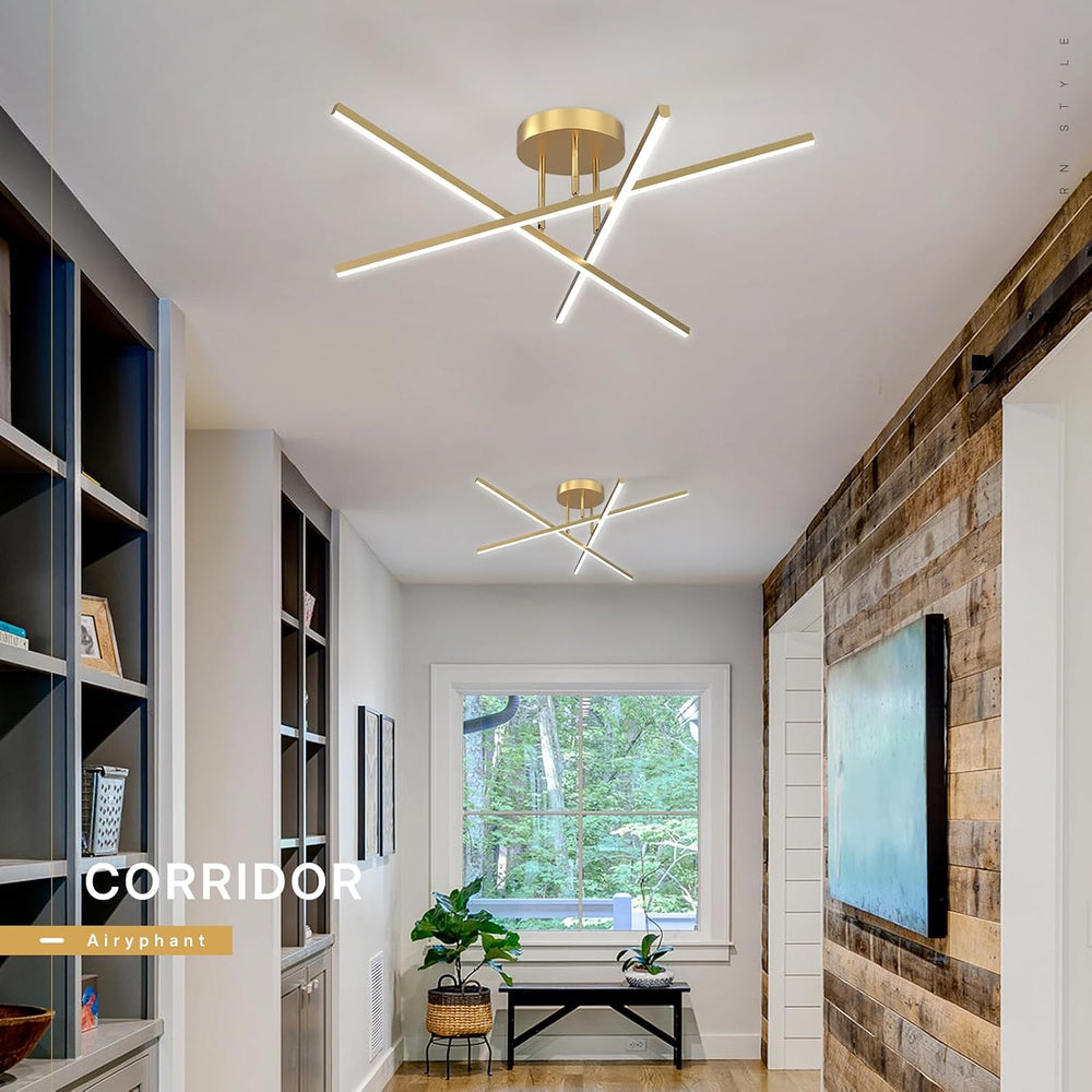Gold LED Chandelier, 3-Lights Modern Semi Flush Mount Ceiling Lighting Fixtur...