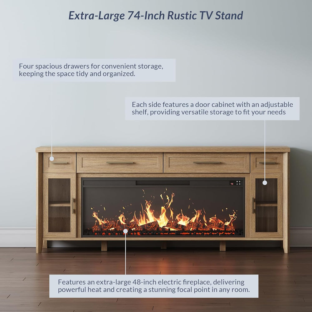 BELLEZE 74" Apex Extra Large TV Stand with 48" Electric Fireplace -...