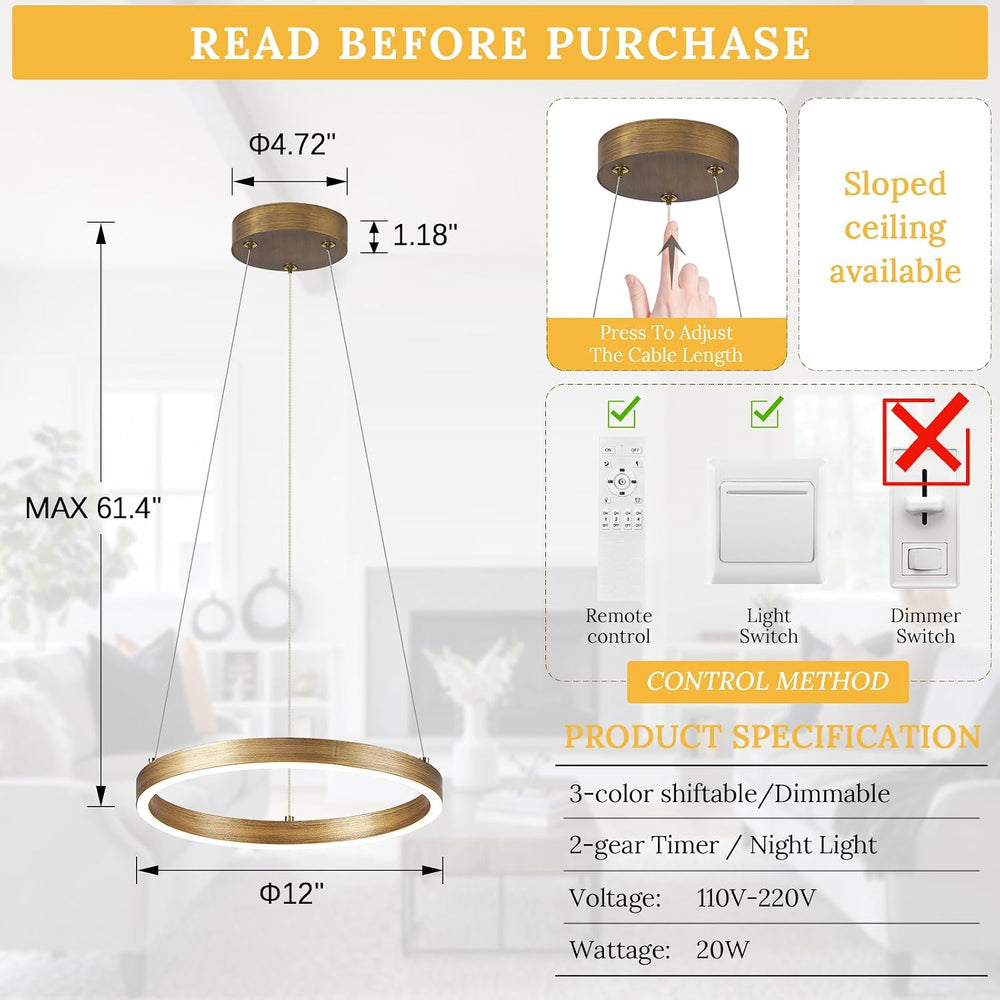 12in LED Ring Chandelier Brass Gold Modern Dimmable Pendant Light