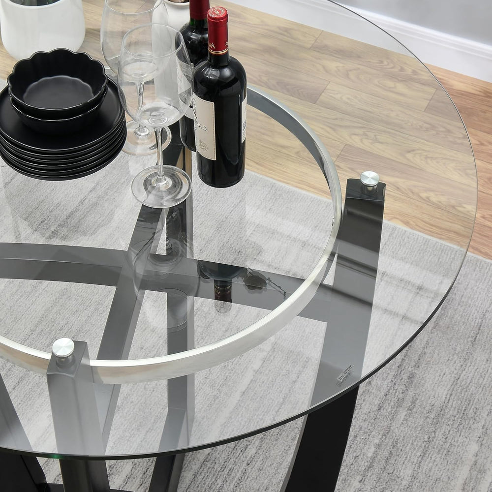 42" Round Bar Height Glass Dining Table, Solid Wood Base, 42" Height