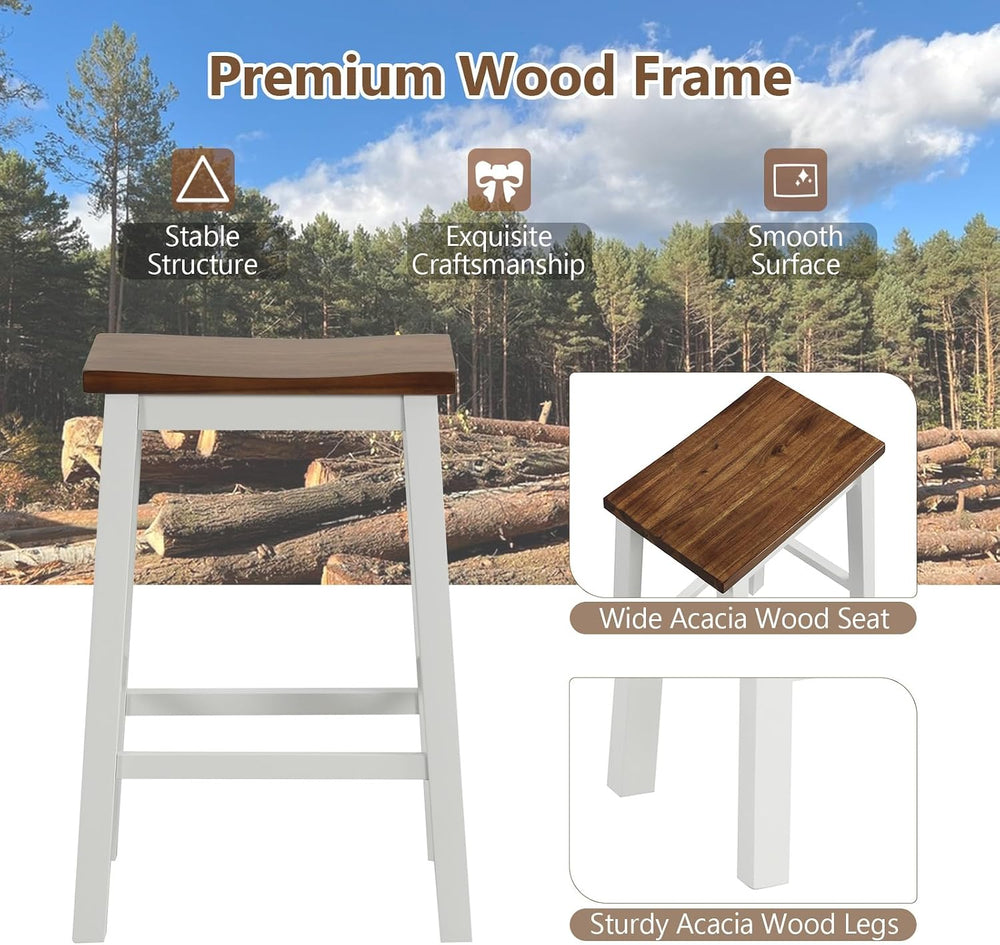 COSTWAY 24.5 Inch Bar Stools Set of 2, Solid Wood Saddle Stools w/Footrests, ...