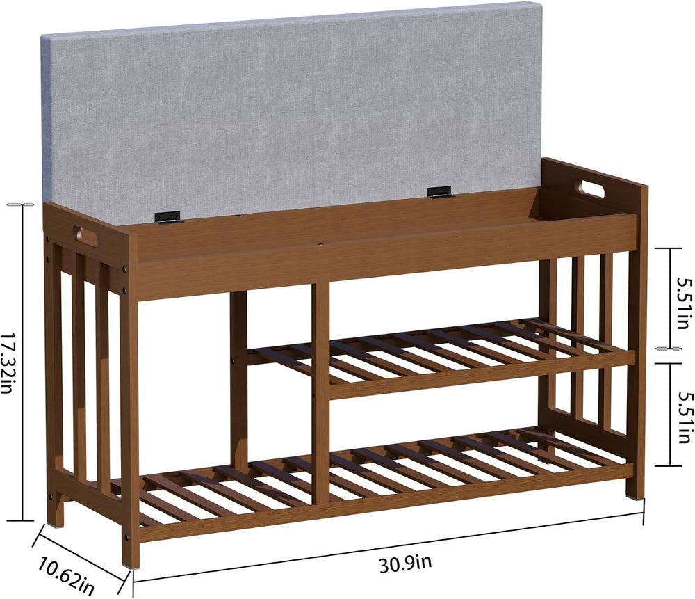 Bamboo Shoe Storage Bench with Cushioned Seat 3-Tier Entryway Shoe Rack