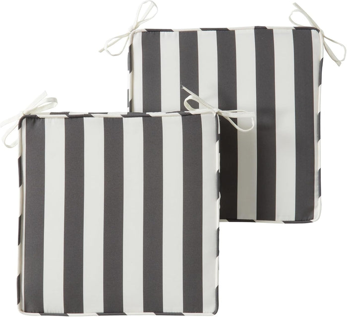 Outdoor 18 inch Square Patio Dining Chair Pads – Comfortable Fiber-Filled Seat Cushions with Ties, Reversible Polyester Fabric - Canopy Stripe Gray, Set of 2