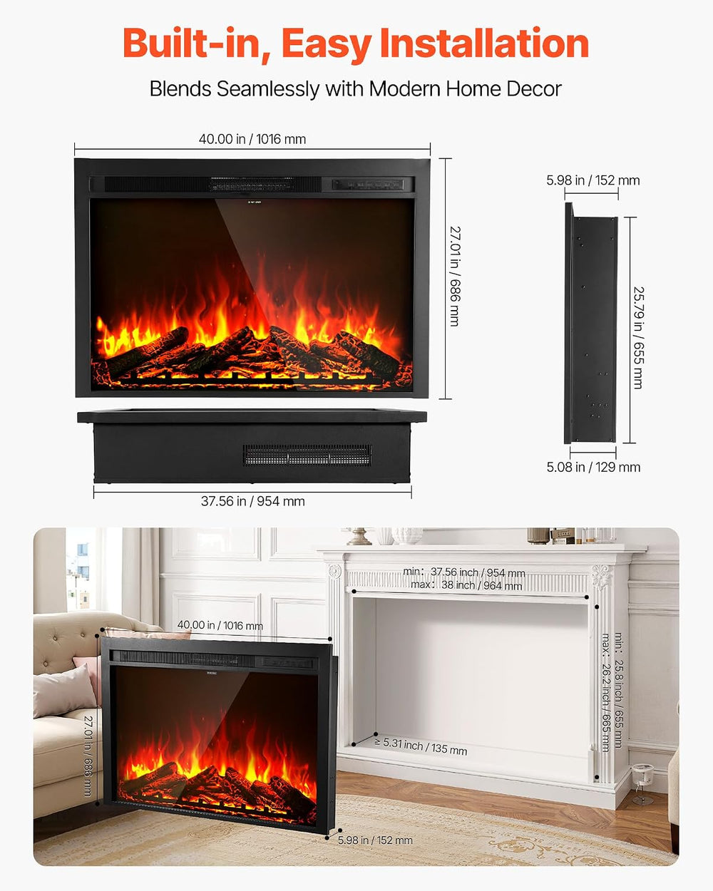 VEVOR 40 Inch Electric Fireplace Insert, 5000BTU Recessed or Wall Mounted Hea...