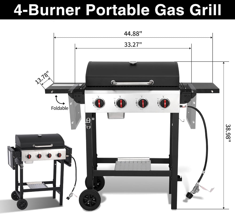 4 Burner Propane Gas Grill, Portable BBQ Grill with Cast Iron Grate & Gri...