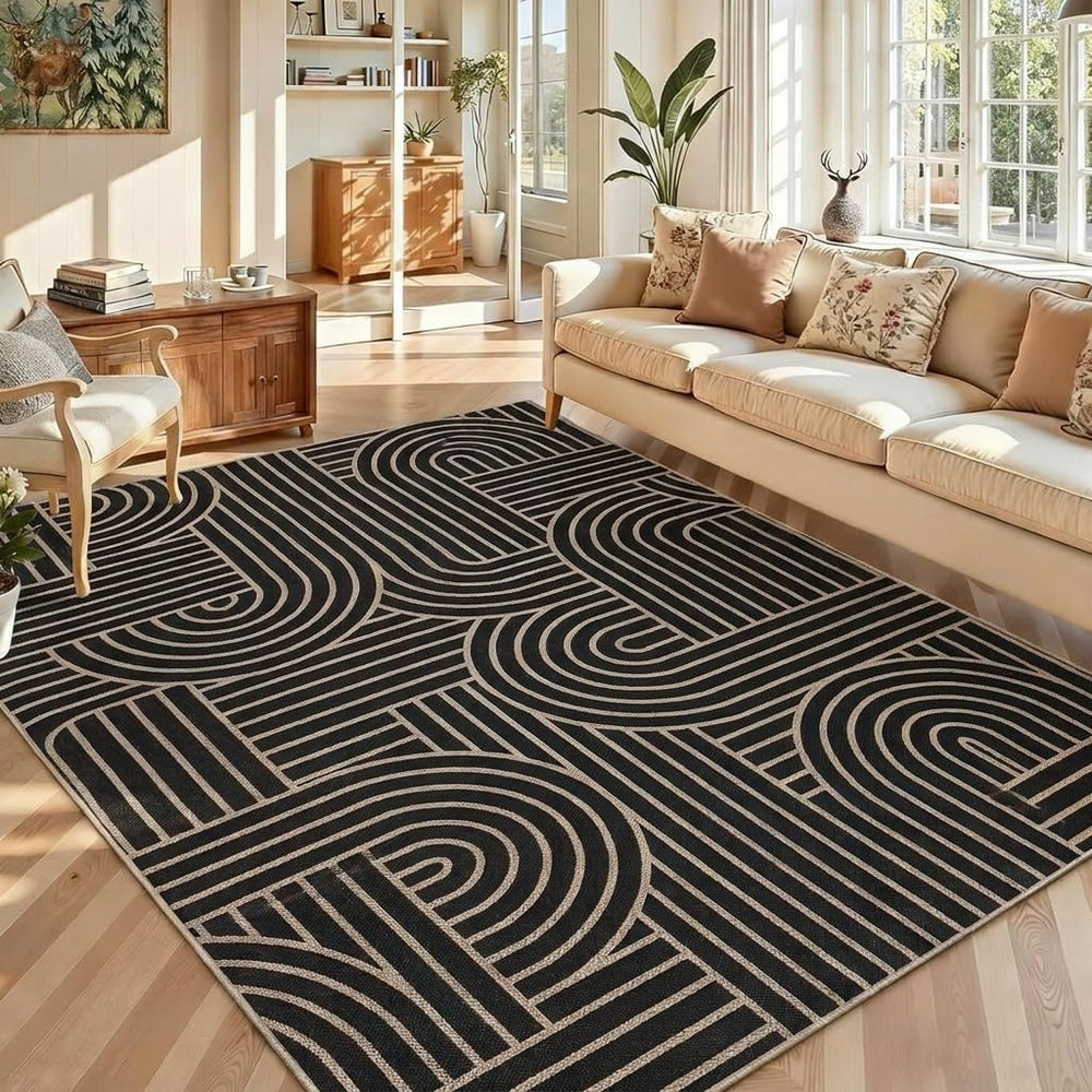 Garvee Outdoor Patio Rug 9x12 Easy Jute Geometric Living Room Rug, Black