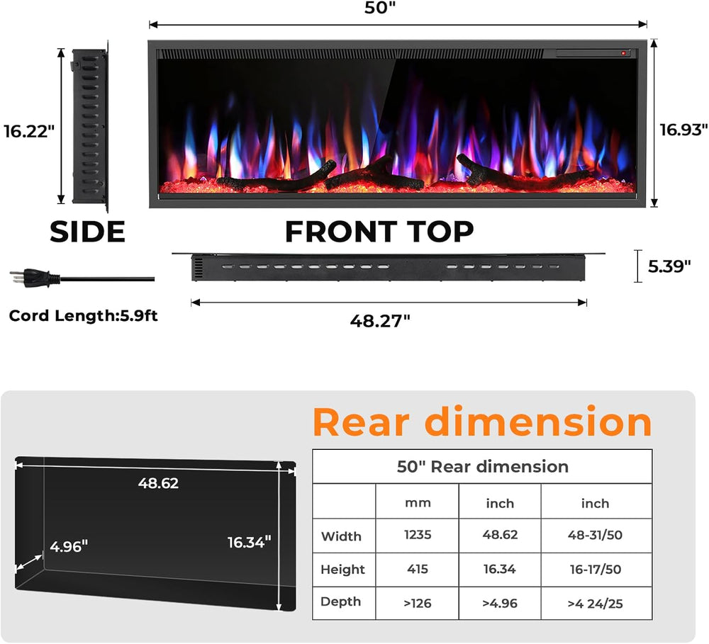 R.W.FLAME 50" Recessed and Wall Mounted Smart Electric Fireplace, Alexa/...