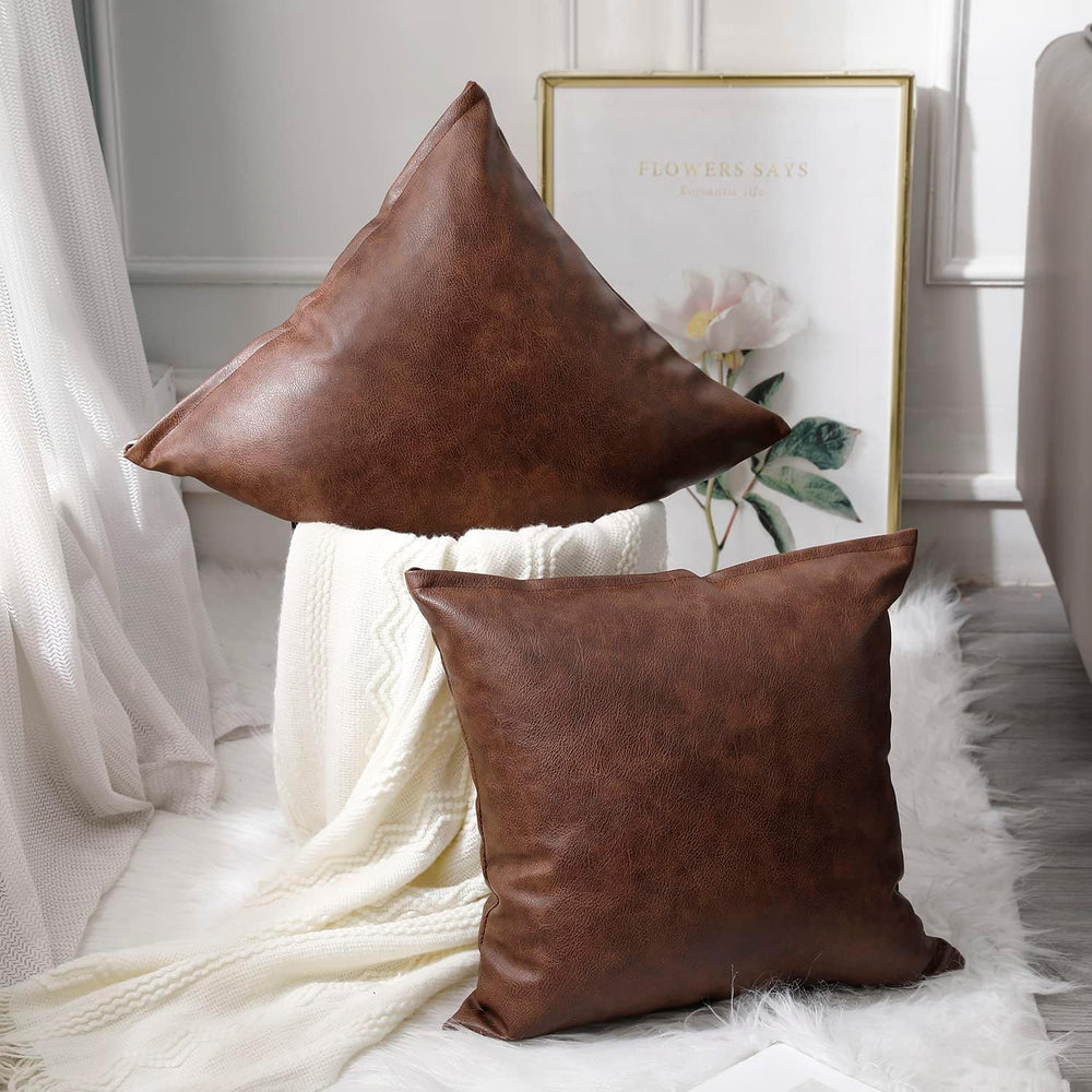 PANOD Set of 2 Faux Leather Throw Pillow Covers 22 x 22 Dark Brown,Modern Lux...