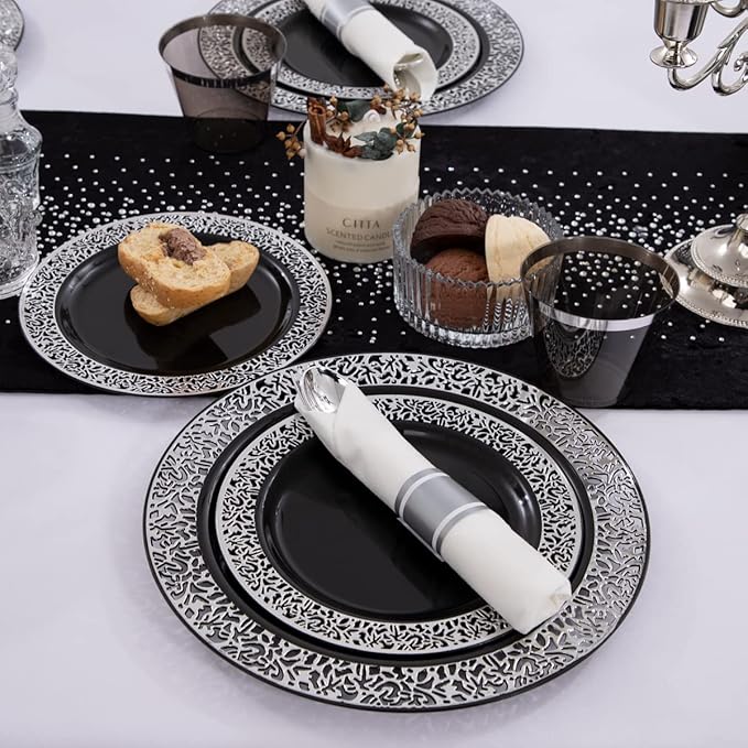 NOCCUR 210PCS Black and Silver Dinnerware Set for 30 Guests - Black Plastic P...