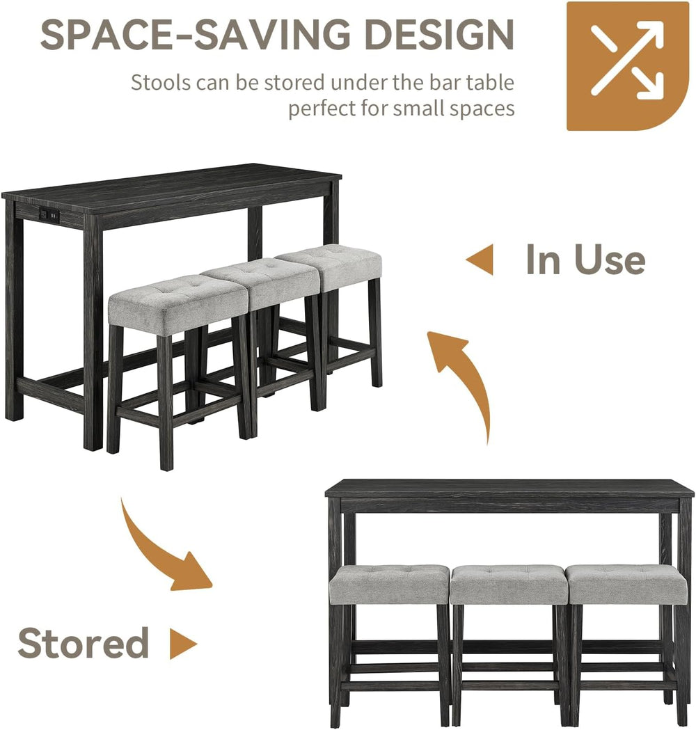 LKTART 4 Piece Bar Table Set Dining Bar Table and Chairs Set with Power Outle...