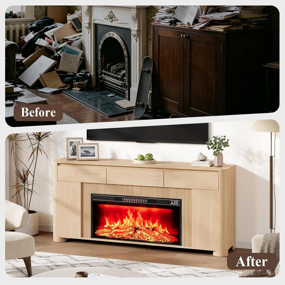 YANSNWO 70" Fireplace TV Stand for TVs Up to 80", Natural Oak