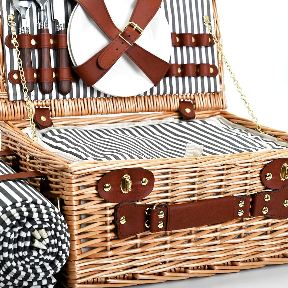 Picnic Basket with Blanket and Wine Pouch for 4, Wicker Picnic Set with Insul...