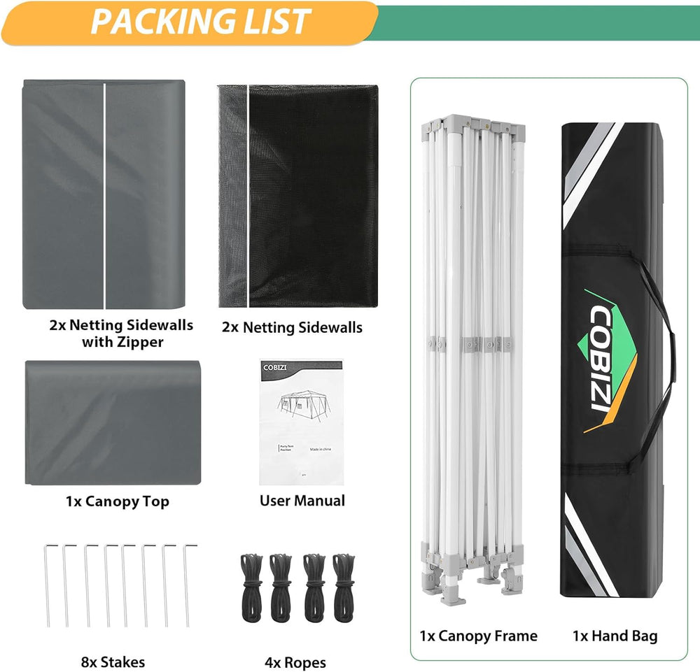COBIZI 10x15 Heavy Duty Pop Up Canopy Tent with 4 Mosquito Netting Walls