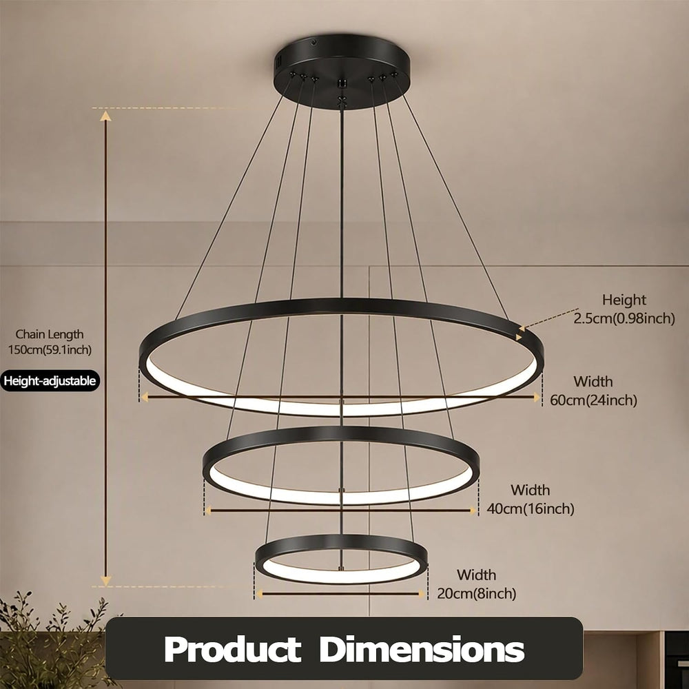 LightInTheBox Modern LED Pendant Light 3 Ring Chandeliers Black Circle Pendan...