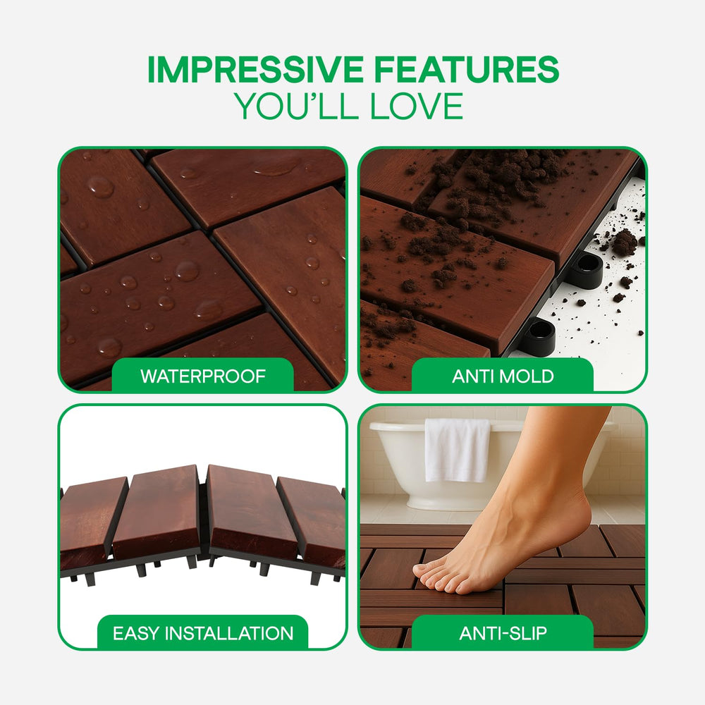 IDZO Interlocking Acacia Deck Tiles 9.6 SQFT, 10PCS, Red Brown, Stripe