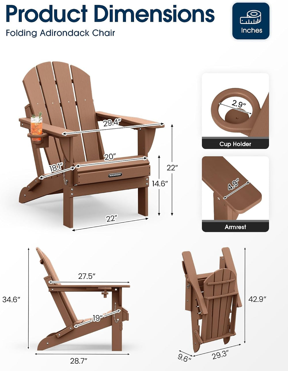 MUCHENGHY Folding Adirondack Chairs 4 Pack, Patio Chairs, Lawn Chairs, Outdoo...
