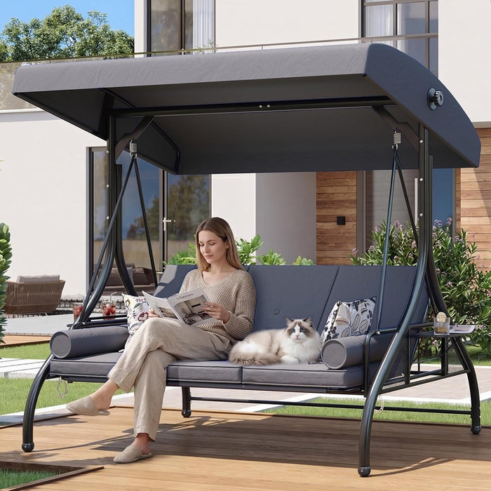 Aoxun Outdoor Porch Swing with Stand and Canopy, 3 Seats Outdoor Swings for Adults, Convertible 2 in 1 Swing Bed with Cup Holder, Patio Swings with Thicken Cushions for Garden, Yard & Balcony, Grey