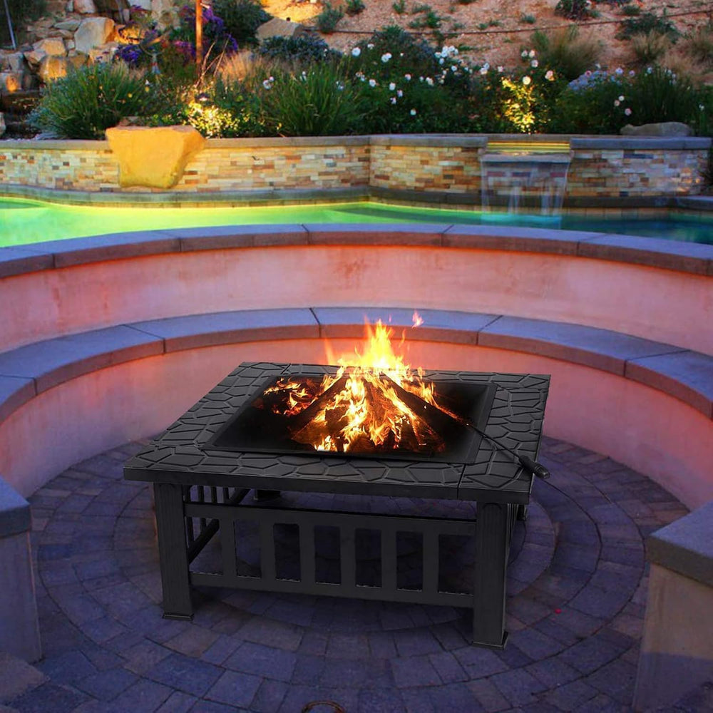 32'' Fire Pit Wood Burning Firepit Metal Square Outdoor Fire Pit Stee...