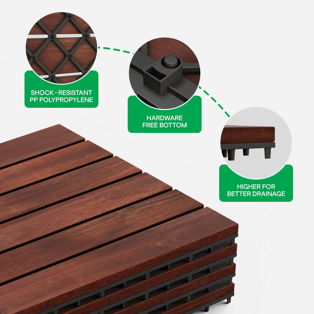 IDZO Interlocking Acacia Deck Tiles 9.6 SQFT, 10PCS, Red Brown, Stripe