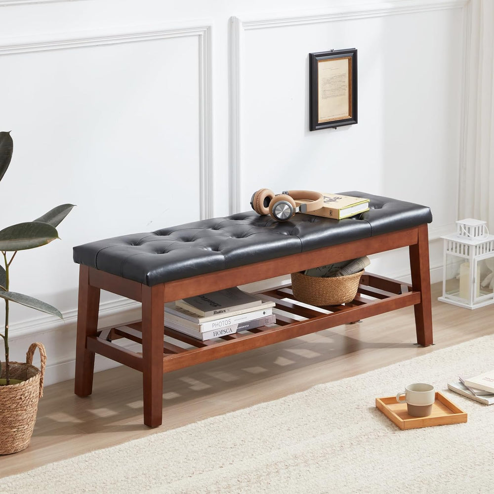 Shoe Bench Entryway Bench Upholstered Ottoman Faux Leather Black