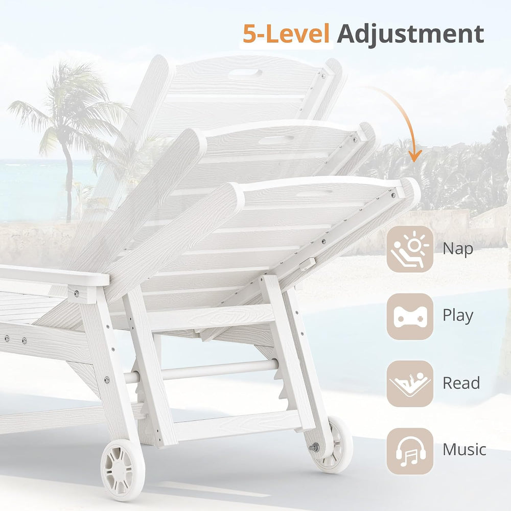 LUE BONA Outdoor Chaise Lounge, 5‑Position, 2‑Pack, White (Set of 2)