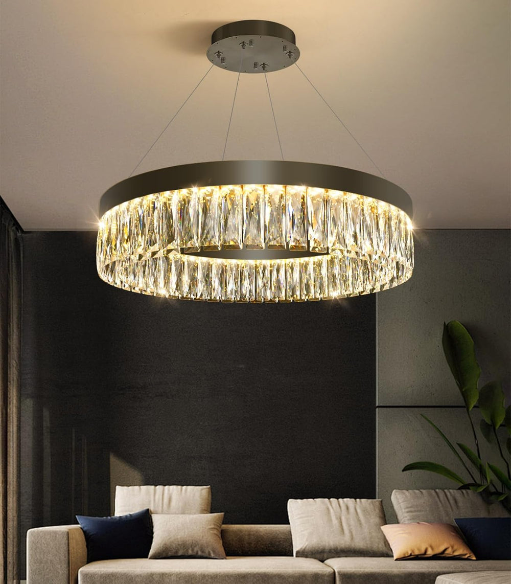 23.6" 1 Ring Modern LED Dimmable Ring Chandelier Adjustable Round Crysta...