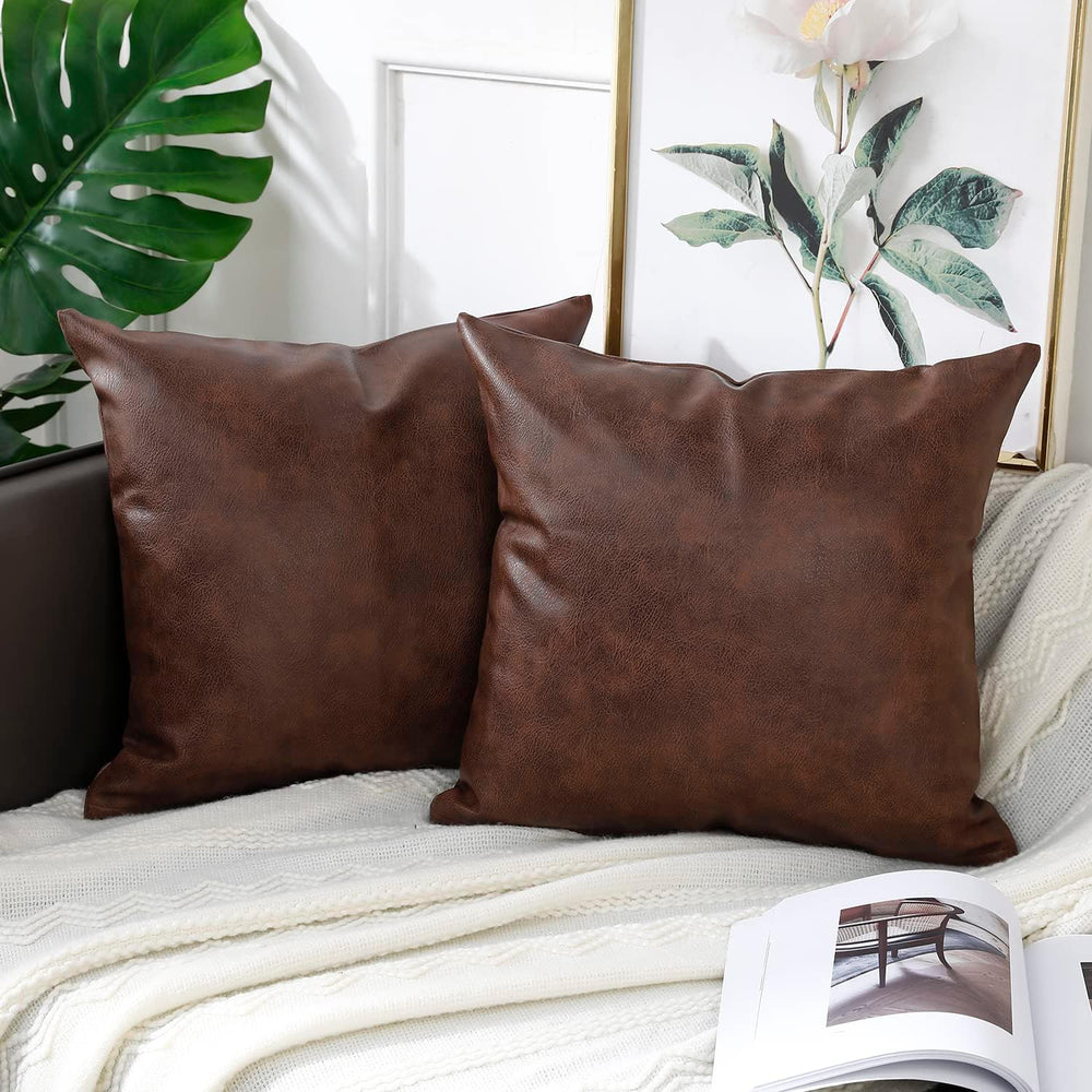 PANOD Set of 2 Faux Leather Throw Pillow Covers 22 x 22 Dark Brown,Modern Lux...