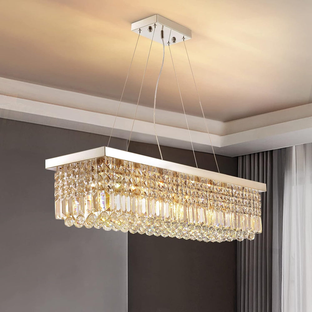 Siljoy 8 Lights Modern Crystal Chandeliers, Rectangular K9 Crystal Raindrop C...