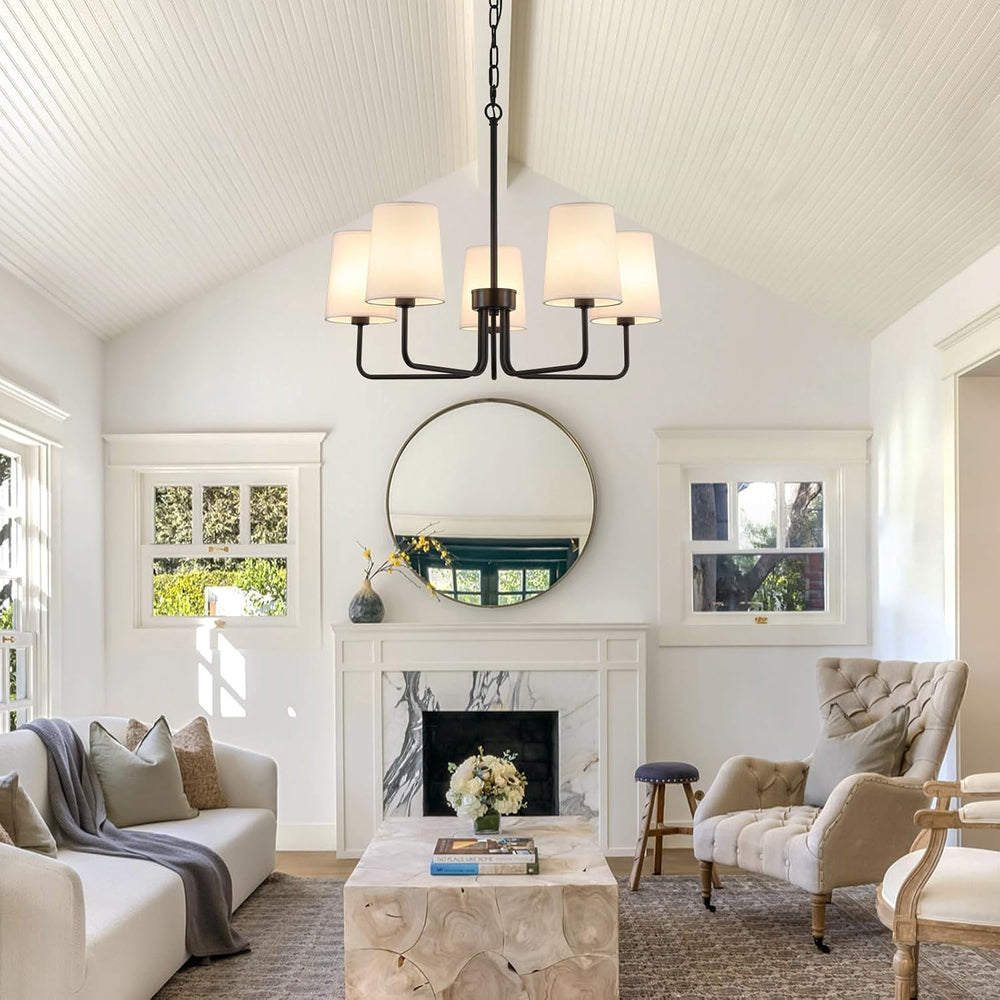 AMZASA Farmhouse Chandelier, Matte Black with White Fabric Shade, Farmhouse L...