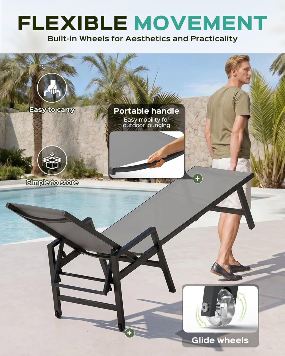 Vexwalx Patio Chaise Lounge Chair Outdoor with Wheels&Armrests, Aluminum ...