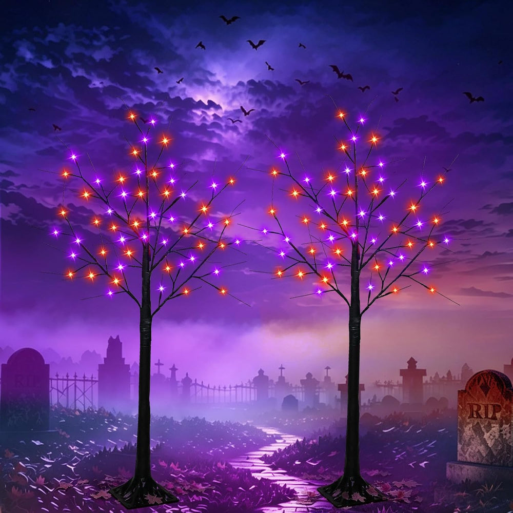 2 Pack 4 FT Lighted Black Halloween Tree Lights with 100 LED Orange Purple