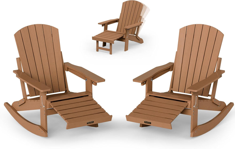 4-in-1 Adirondack Rocking Chair Set of 2, HDPE, Footrest, Teak