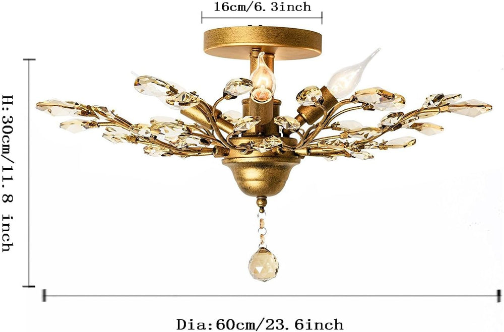 Garwarm Gold Flush Mount Chandelier, 4-Light Crystal Ceiling Light