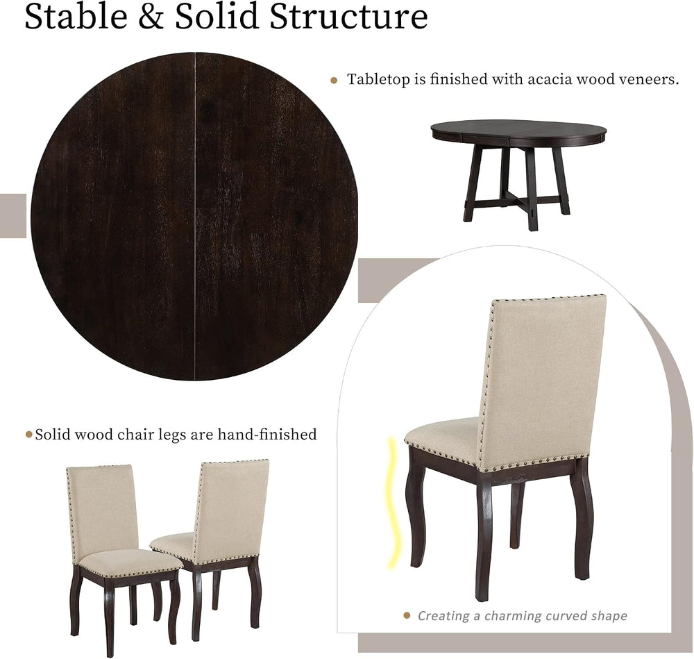 Merax Farmhouse Dining Table Set - Wood Round Extendable Dining Table and 4 U...