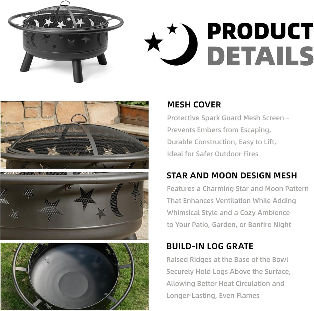38-Inch Round Wood-Burning Fire Pit with Mesh Cover and Poker