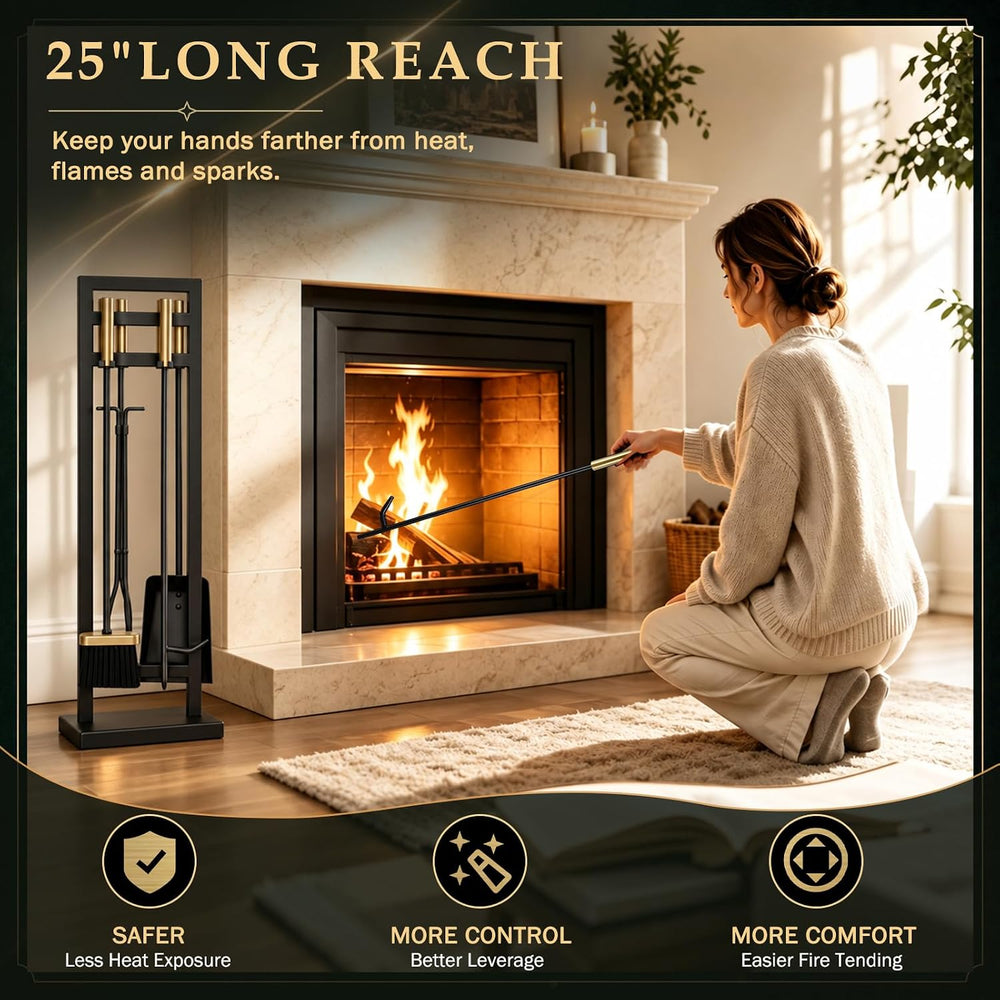 FEED GARDEN 5-Piece Fireplace Tool Set, 30" One-Piece Stand, Antique Brass
