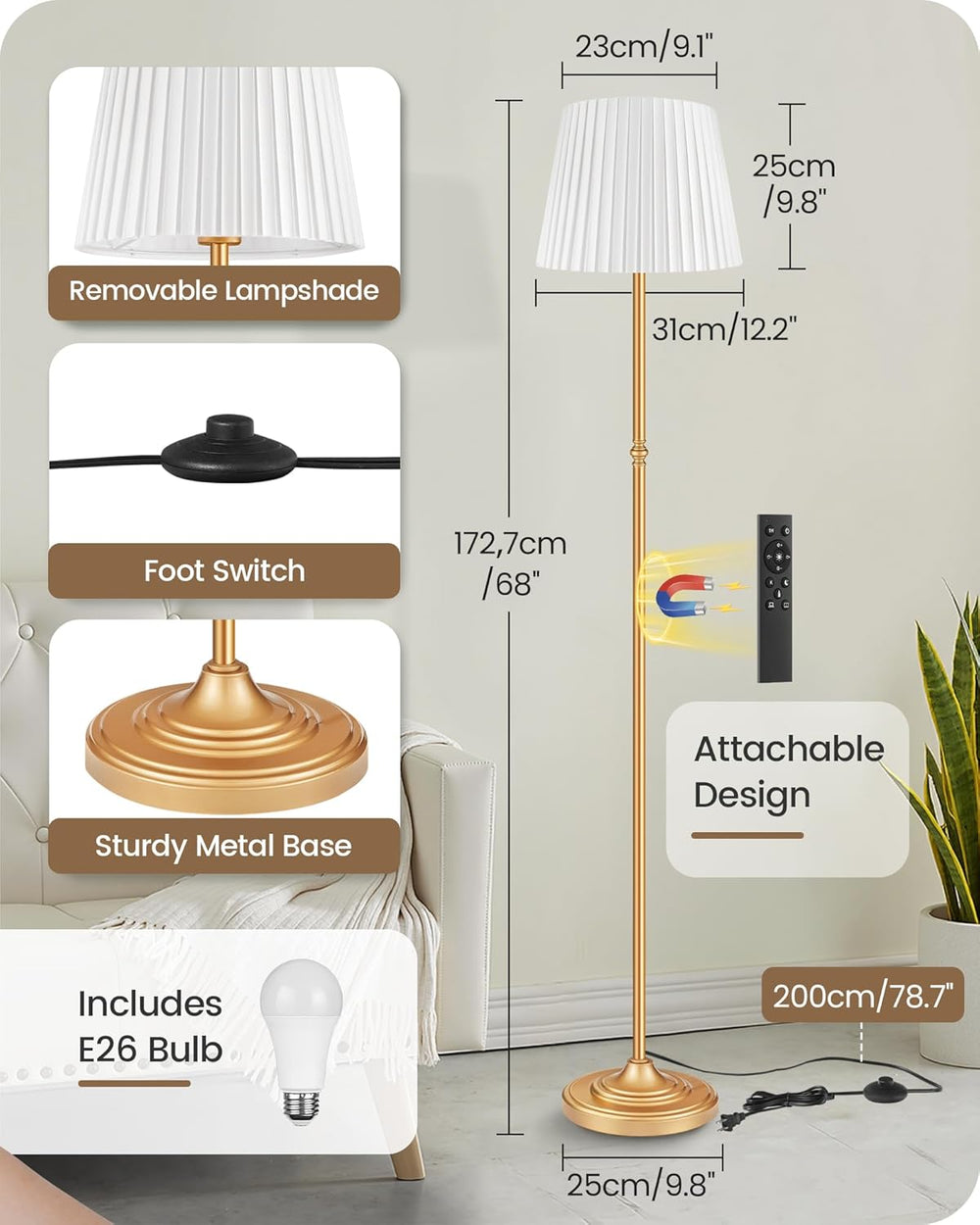 Dimmable Floor Lamp for Living Room, 68" Tall Standing Lamp, Reading Lig...