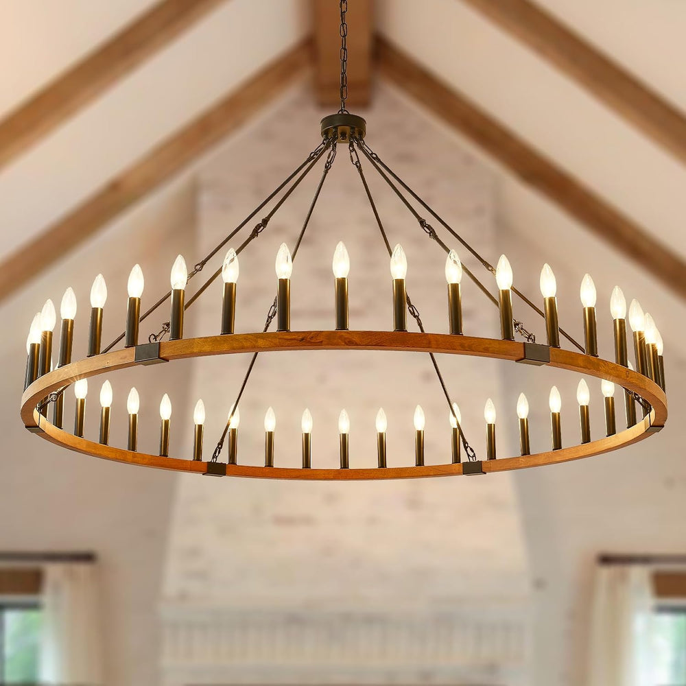 60-Inch Wagon Wheel Chandelier 42-Light Wood Rustic Farmhouse Light Fixture