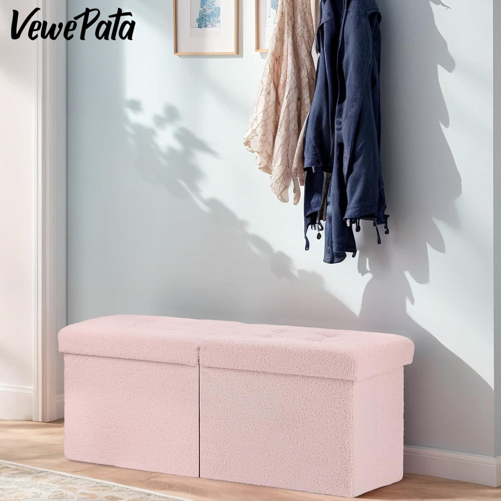 Storage Ottoman Bench, 34" Teddy Velvet Folding Foot Rest, Pink