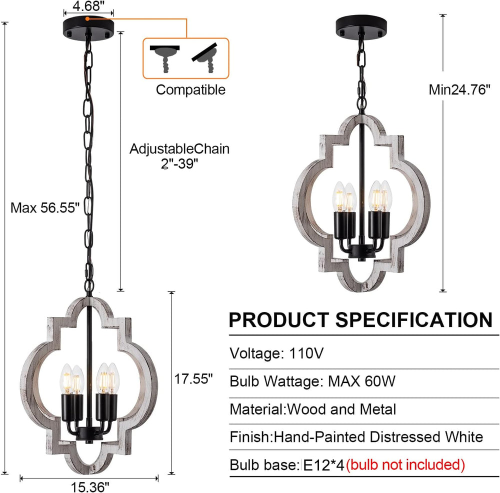 4-Light 15" Farmhouse Orb Chandelier Rustic Handmade Distressed White Wo...