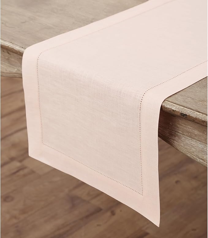 Solino Home Linen Pink Table Runner 120 Inches Long - 100% Pure Linen Hemstit...