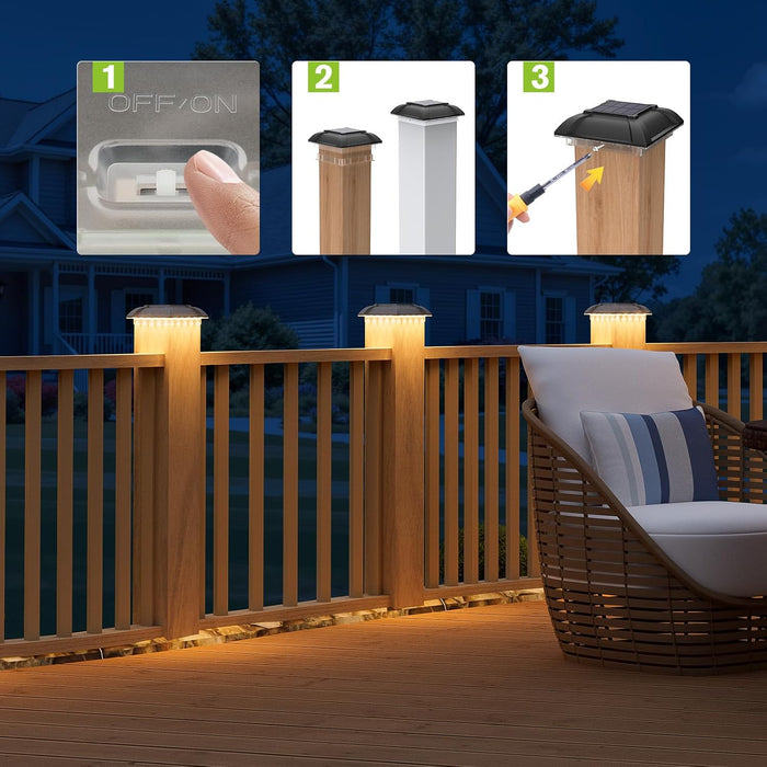 Solar Post Cap Lights Outdoor 8pack - Downward Lighting Waterproof Deck Fence Post Solar Lights for 4x4 Wooden/Vinyl Posts, Warm White Glow, Ideal for Deck Edges/Stair Railings/Porch/Backyard Fence
