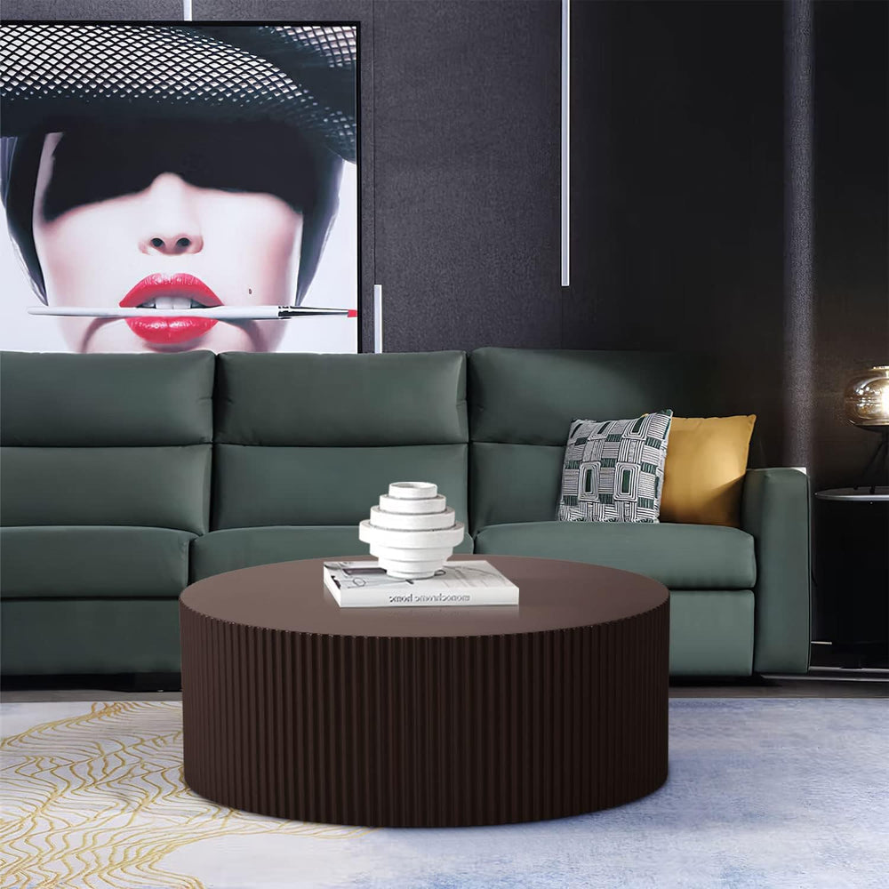 Brown Round Drum Coffee Tables for Living Room Contemporary Circle Coffee Tab...