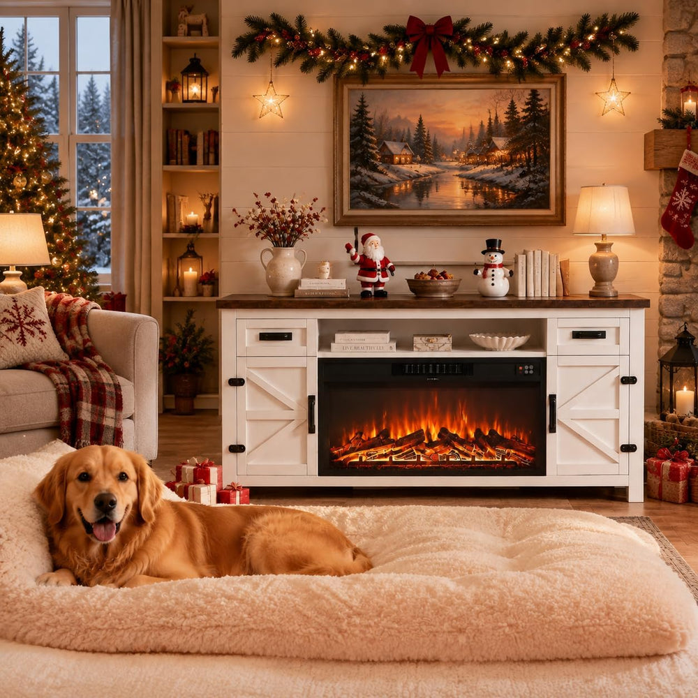 Fireplace TV Stand with Barn Door, 70 inch, White