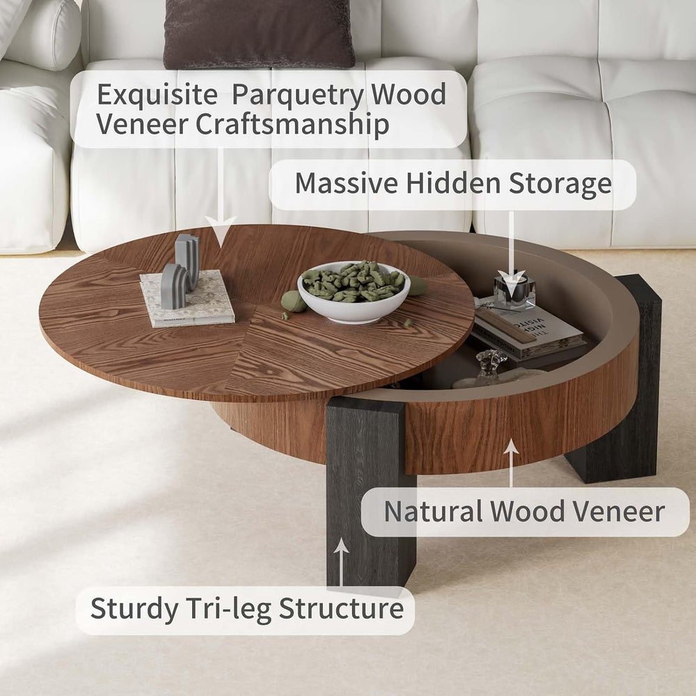 Round Coffee Table with Hidden Storage & 3 Block Legs