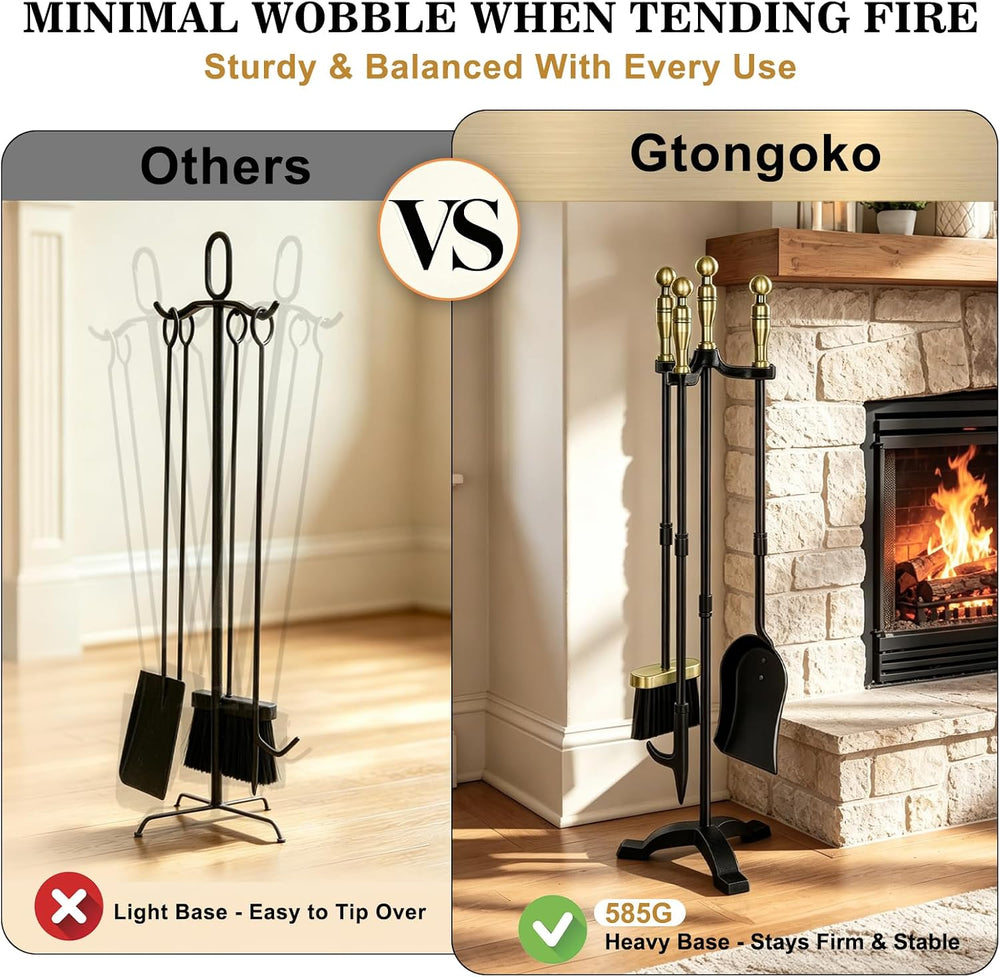 Gtongoko Antique Brass Fireplace Tools Set, 30 Inch Heavy-Duty Wrought Iron