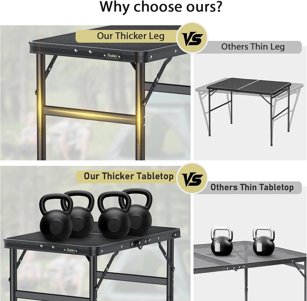 Anbte 2ft Folding Camping Grill Table Max 29.5", 3 Adjustable Height, Black