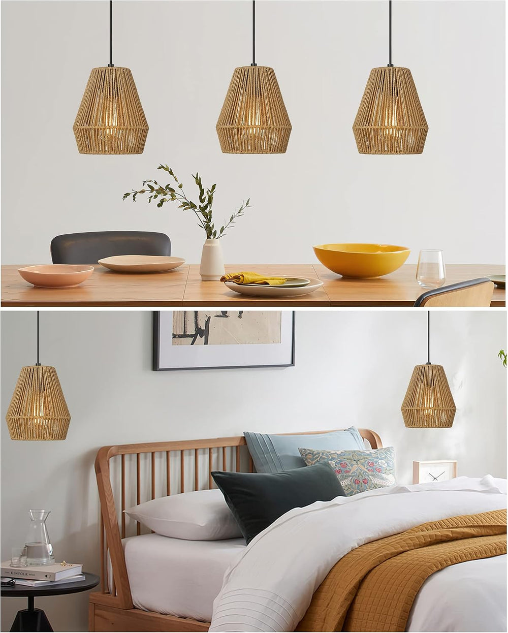 ELYONA 3 Pack Japandi Woven Pendant Lights 7” Modern Boho Hanging Lamp with H...